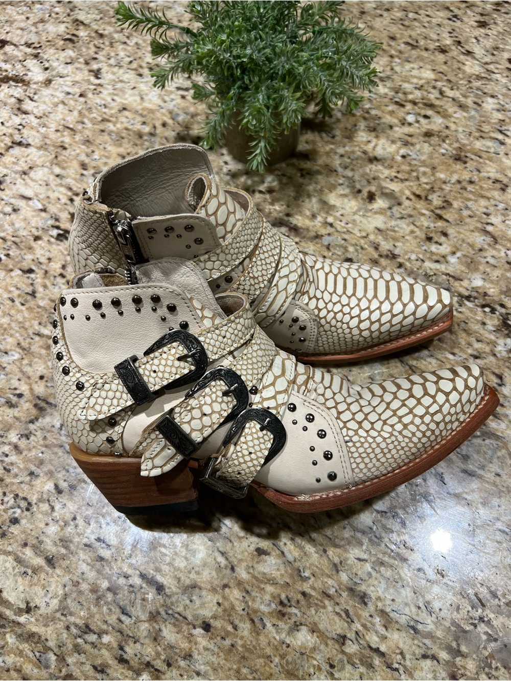 Freebird Whilhelmina Ankle Booties in Cream Croco-Print with Buckle Detail 8